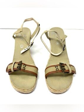 Tan fabric espadrilles wedge sandals, made in Spain, size 8